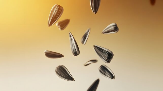 Sunflower seeds floating in midair against a soft warm golden gradient background with bright lighting