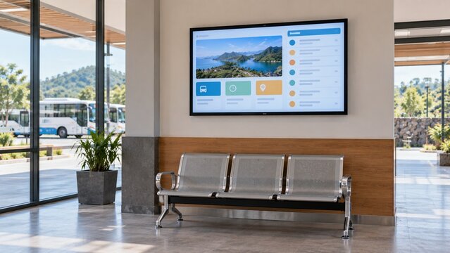 Modern digital information screen mounted on a wall above a metal waiting area bench in a lobby