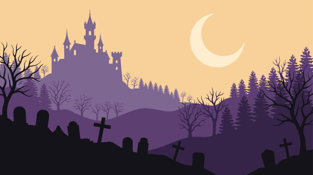 A spooky halloween background vector illustration featuring a mysterious haunted castle graveyard silhouette under a bright crescent moon night sky