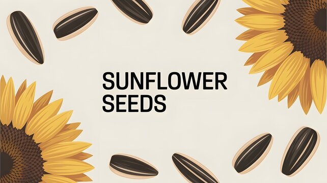 Sunflower seeds illustration featuring golden yellow floral petals and dark natural organic shells on beige background