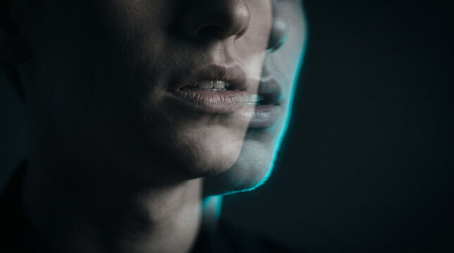 Misaligned ghost jaw over mouth, synthetic media concept