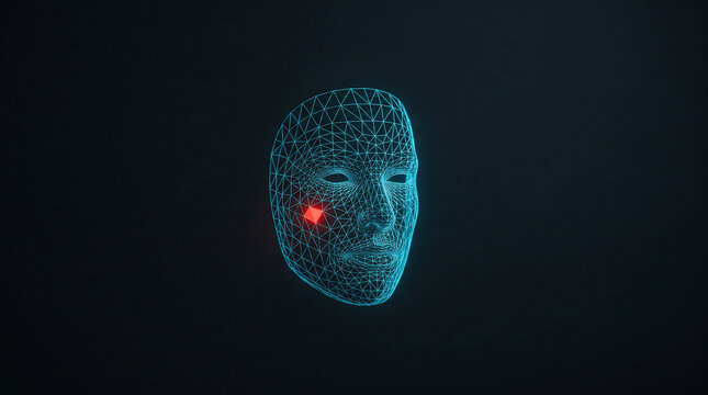 Glowing wireframe face mesh with one red triangle