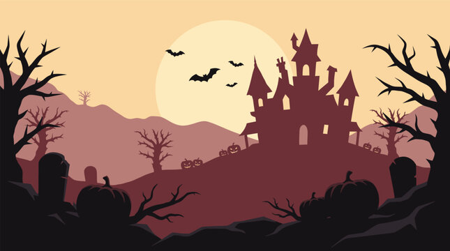 A spooky and enchanting halloween scene vector illustration featuring a dark castle silhouetted bats and a full moon in a creepy atmospheric