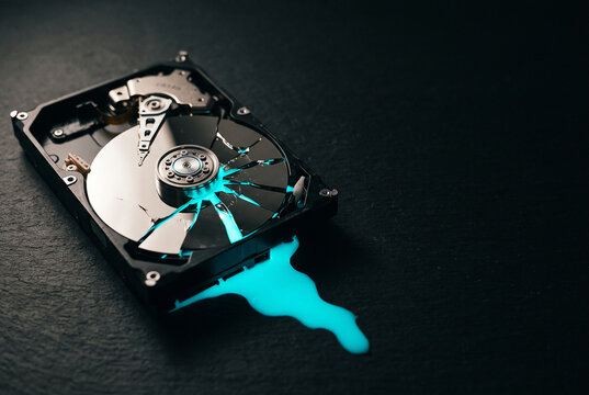 Broken hard drive spilling glowing liquid data