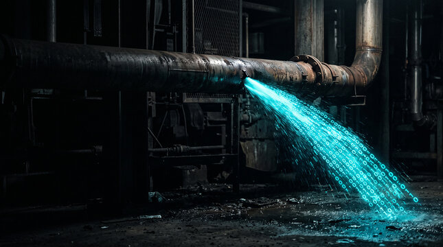 Punctured industrial pipe spraying glowing binary code