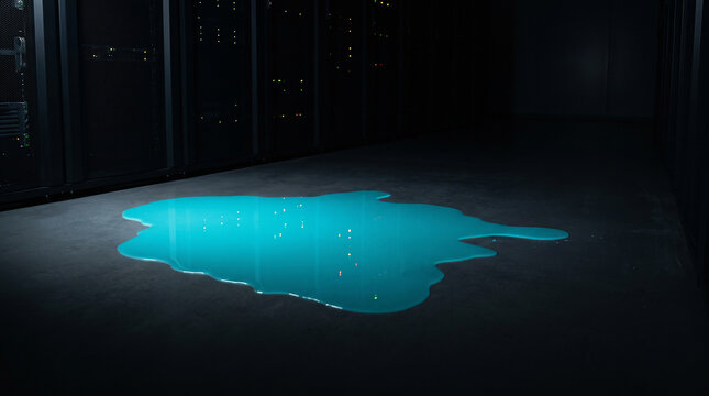 Glowing spill spreading across a dark server room floor