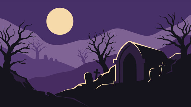 A spooky and mystical halloween night scene featuring a dark castle silhouette against a full moon in a vector illustration style