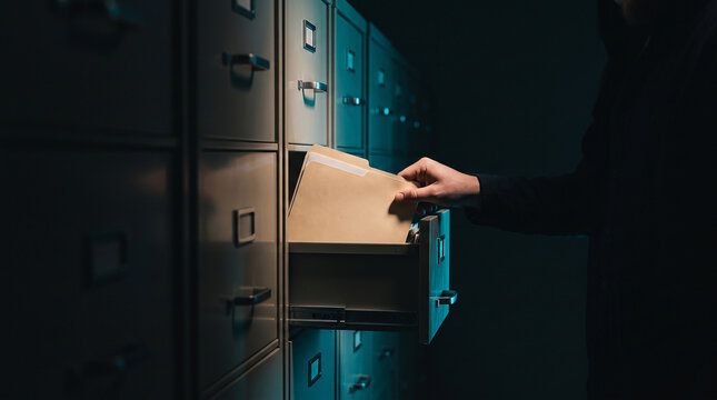 Hand pulling one folder from a wall of archive drawers