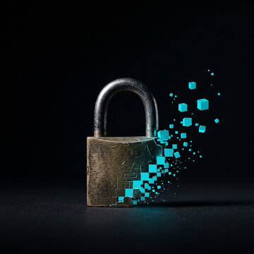 Padlock disintegrating into glowing pixel cubes