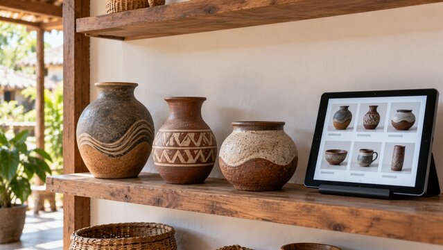 Handcrafted clay pottery vases displayed on a rustic wooden shelf next to a digital tablet screen