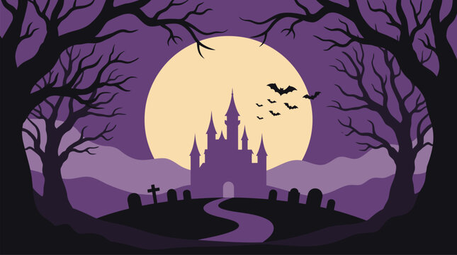 A captivating halloween vector illustration featuring a spooky castle silhouetted against a full moon surrounded by eerie trees and flying bats perfect