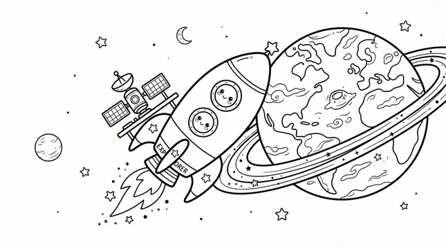 Cute cartoon rocket ship flying in outer space with planet and satellite
