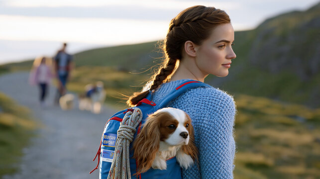 Young woman with brown hair carrying a small dog in a blue backpack walks along a scenic path with family and dogs in a green landscape during sunset
