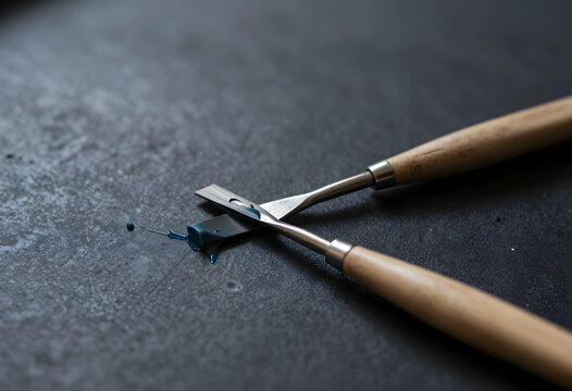 Craftsmanship and precision, artisan tools for wood carving and linocut printmaking with blue ink on a dark textured workbench for creative hobbyists