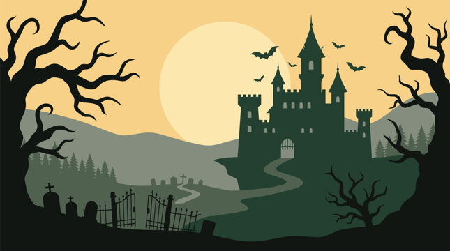 A spooky and mystical halloween night vector illustration featuring a dark castle silhouetted against a full moon and bare twisted trees perfect