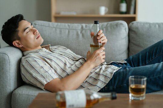 Young man resting on sofa with liquor bottle after heavy drinking session.