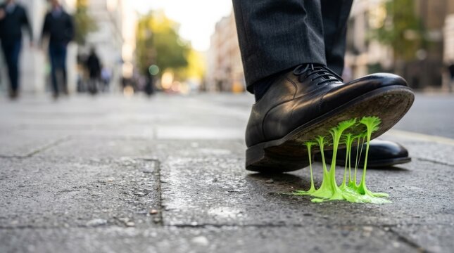 Businessman stepping in bright green sticky gum on city sidewalk ideal for bad luck and obstacle concepts