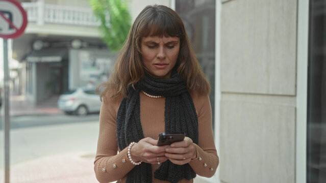 Woman holding smartphone with both hands, thumbs typing while standing by a building facade on a city street, wearing scarf and pearl bracelet; quiet concentration.
