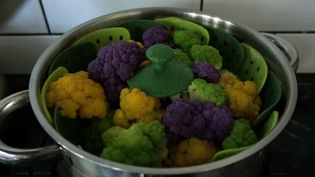 A hand opens the lid of a stainless steel pot to reveal fresh purple, green, and yellow cauliflower florets cooking on a steamer, perfect for healthy eating and culinary content.