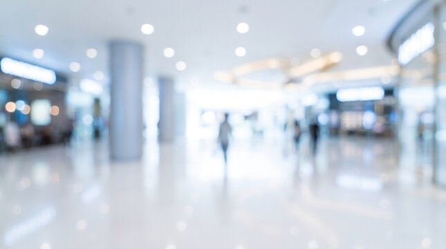 A blurred, bright, and spacious modern shopping mall interior with people walking.