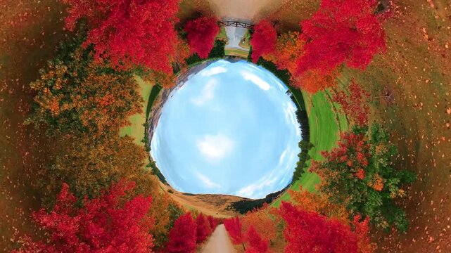 Spherical special-effect panoramic aerial shot, red-leaf trail and green pasture