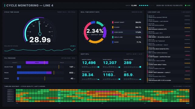 Explore a comprehensive injection molding cycle time and defect monitoring dashboard featuring real-time data visualization and sleek dark mode design elements.