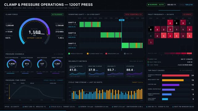 Visual representation of an injection press dashboard showcasing clamp force, pressure metrics, and downtime monitoring with vibrant colors and detailed gauge displays.