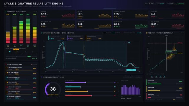 Explore the Injection Molding Reliability Dashboard showcasing maintenance forecasting from cycle signature changes with detailed visual analytics and predictive insights.