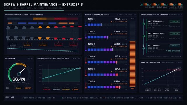 Explore the comprehensive Injection Molding Maintenance Dashboard featuring Screw Wear Visualization and Temperature Zones for optimal extruder performance tracking.