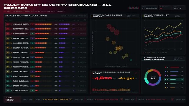 Dynamic molding machine dashboard visualizes fault ranking by production impact severity with animated charts and KPI metrics for real-time monitoring of machine efficiency.