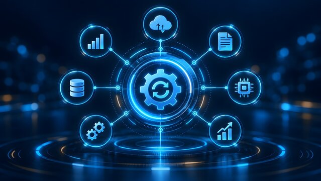 Glowing digital hub with central gear icon connecting to cloud computing and data analytics symbols representing automated business workflow and system integration