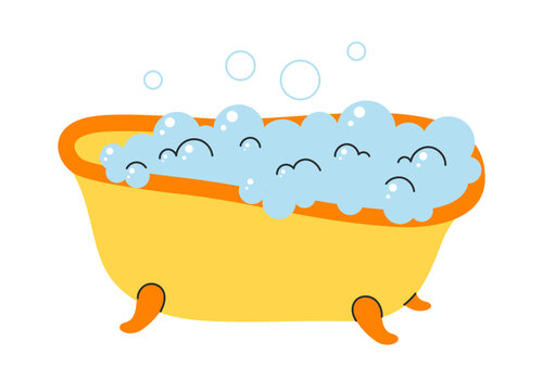 Cozy bathtub full of soap bubbles with clawfoot legs, cute bathroom icon for spa and hygiene design. Flat vector illustration