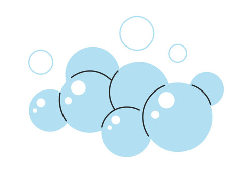 Cluster of soft blue soap bubbles with shiny highlights, foam texture for bath and cleaning concept. Flat vector illustration