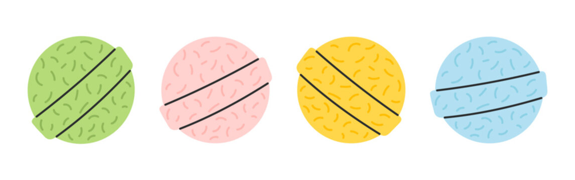 Set of colorful bath bombs in pastel shades, fizzy spa balls with sprinkle texture for beauty and self-care design. Flat vector illustration