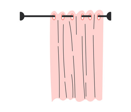 Pink shower curtain hanging on a rod with rings, bathroom textile element for spa and hygiene design. Flat vector illustration