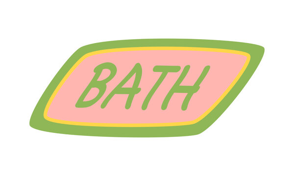 Bath themed badge with BATH lettering in pink, yellow and green layers, retro sticker for spa design. Flat vector illustration