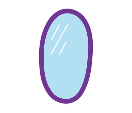 Oval bathroom mirror with purple frame and glass shine, interior decor element for home design. Flat vector illustration