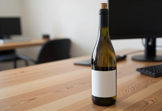 Workplace alcohol consumption and office drinking, wine bottle with blank label on a wooden desk in a corporate environment with computer equipment