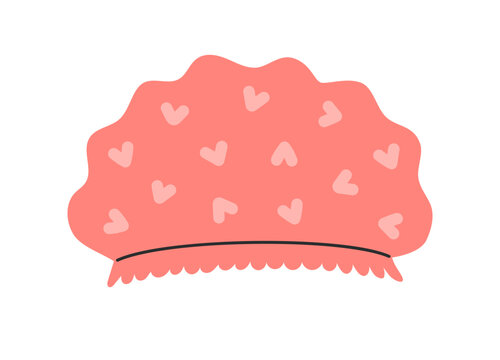 Pink shower cap with heart pattern and elastic edge, bathroom accessory for spa and hygiene design. Flat vector illustration