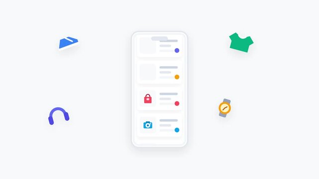 Modern 3D Isometric Mobile Shopping Application Interface with Floating Retail Product Icons for E-commerce Web Design