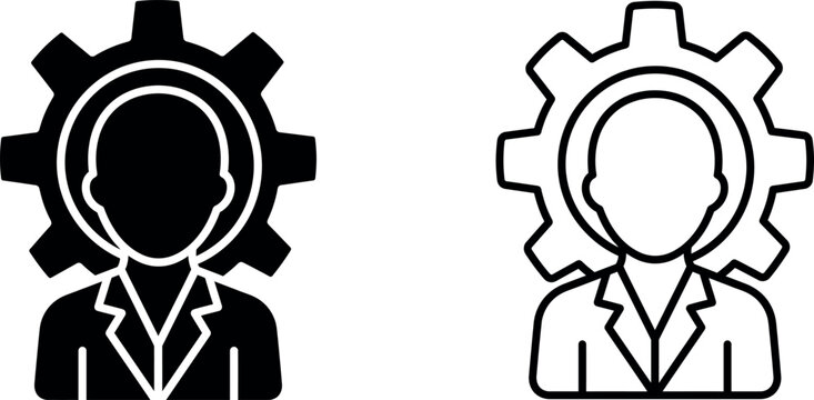 Professional minimalist icons of a worker with a gear representing industrial skills with clean lighting on white background.