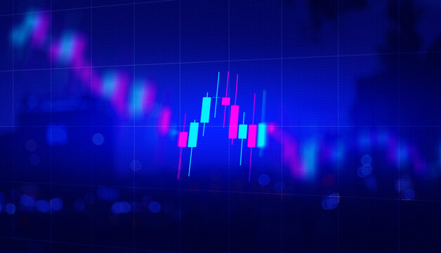 Futuristic blue digital stock market display featuring glowing magenta and cyan candlestick charts for financial trading and economic forecasting.