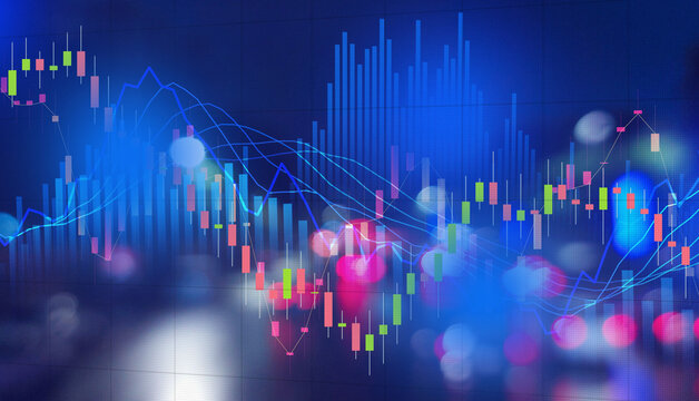 Financial stock market chart with glowing multicolored candlesticks and technical indicators over an abstract city lights background