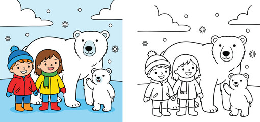 Cute Children and Polar Bears Coloring Page Set - Printable Line Art and Full Color Illustration of a Boy and Girl with Bear Cubs in Winter Snow. © MMONIR
