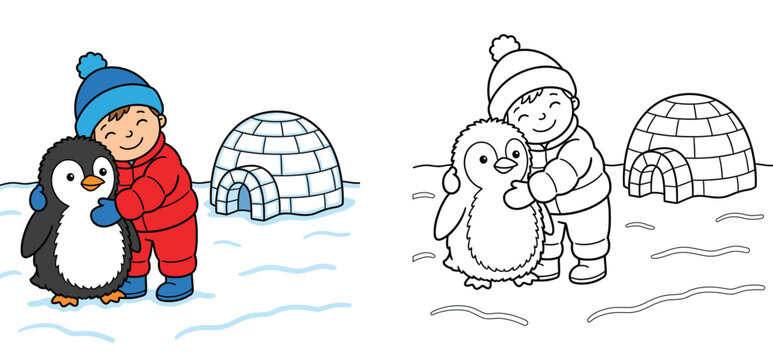 Vector cartoon split-screen coloring book page featuring a smiling child in winter clothes hugging a baby penguin, with an igloo on a snowy landscape in full color and outline for kids' activity