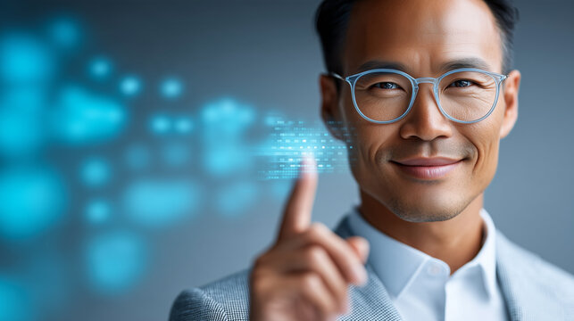 Young Professional Discussing Decentralized Finance Opportunities with AI Assistant &mdash; Digital Asset Analytics Portrait

