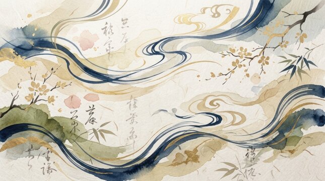 An elegant watercolor painting depicts a flowing river with stylized waves in shades of blue and gold.