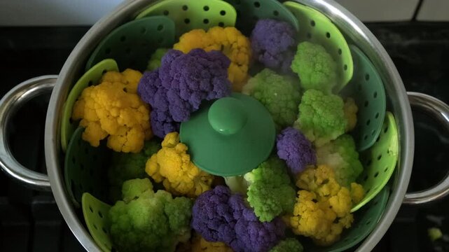 Top-down view of fresh purple, green, and yellow cauliflower florets cooking in a silicone steamer basket inside a metal pot. Ideal for healthy cooking, vegan diet, and culinary content.