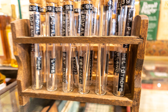 Lab test tubes in wooden rack in Boston city laboratory scene