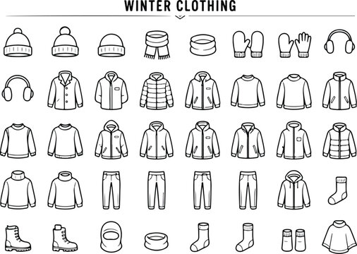 Cold Weather Wardrobe Line Icons Set &ndash; Knitwear, Outerwear, Winter Fashion Vector Icons